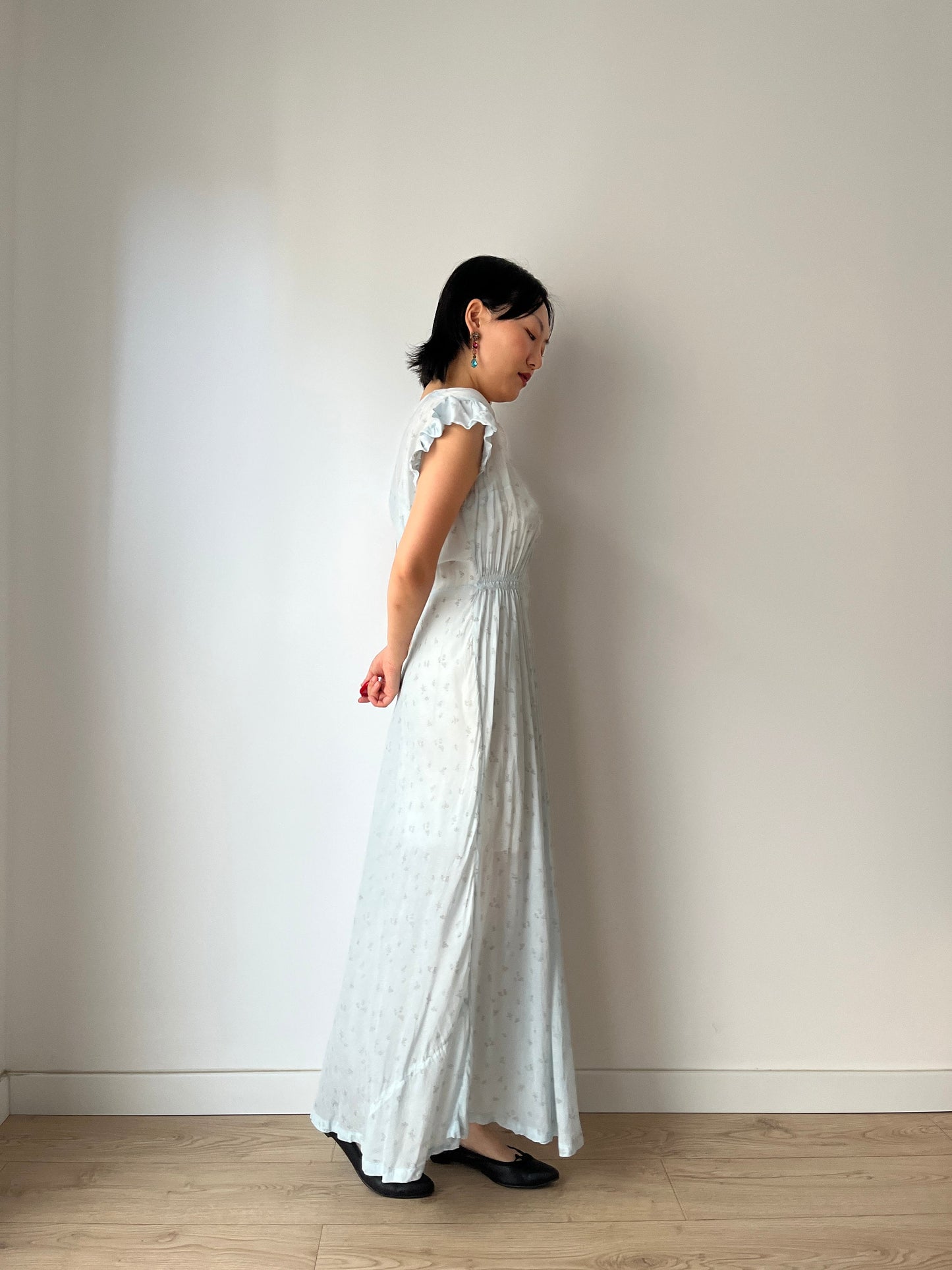 vintage 1940s blue bias cut floral crepe chiffon sheer lace embroidered art deco dress