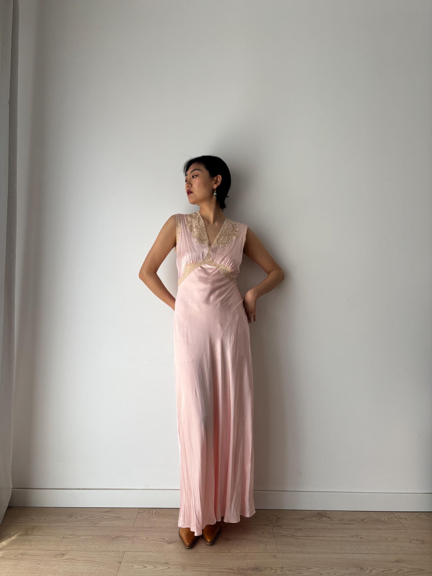 1930s Antique Lace appliqué Peach Pink Pure Silk bias cut gown, Liquid Satin Silk Maxi Dress