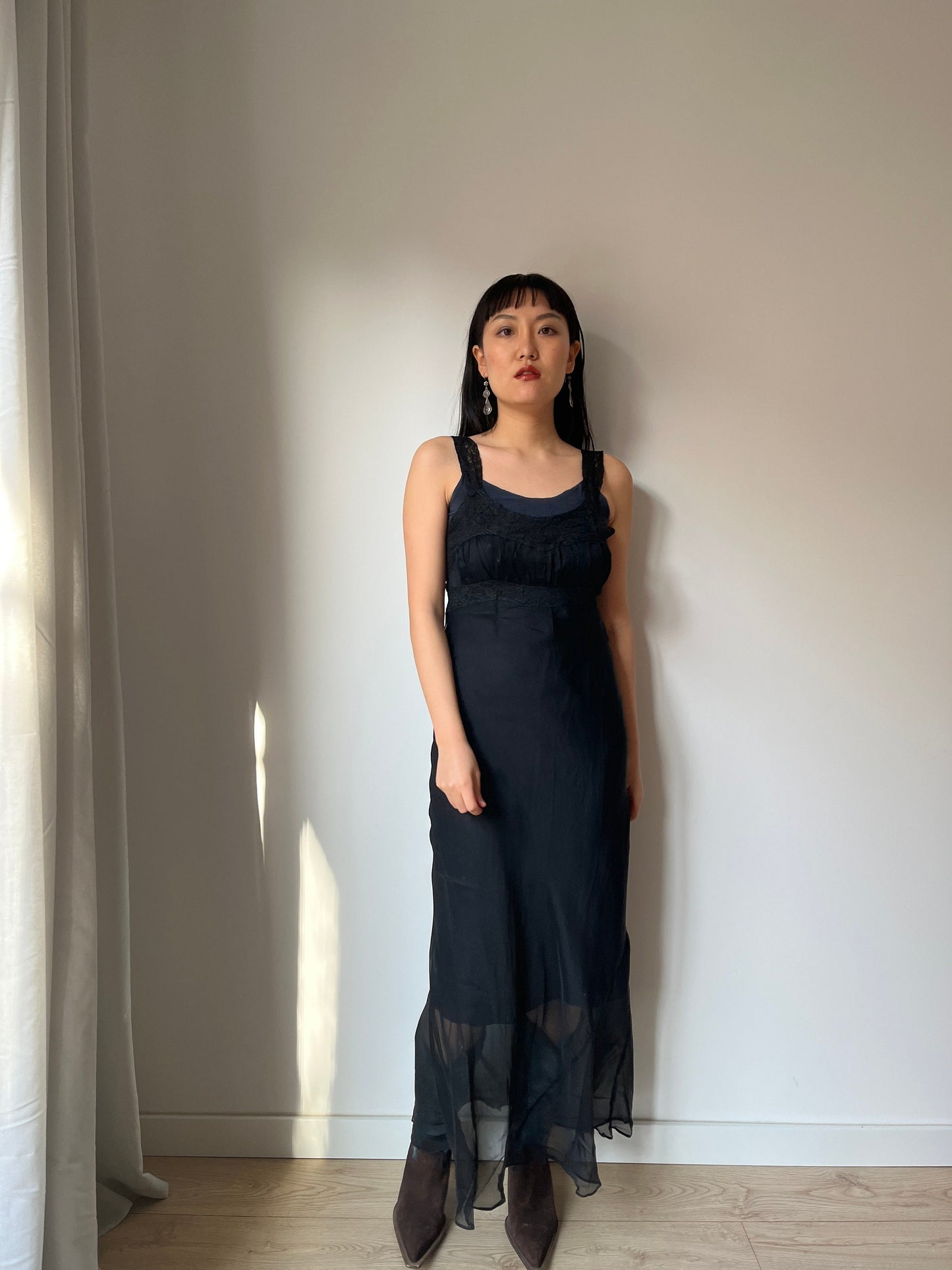 Antique 1950s black sheer crepe bias cut liquid translucent nightdress, lace art deco nightgown