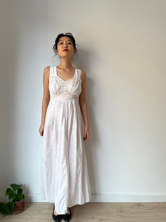 vintage 1950s pink floral print cotton lace ribbon art deco dress, romantic parisian nightgown