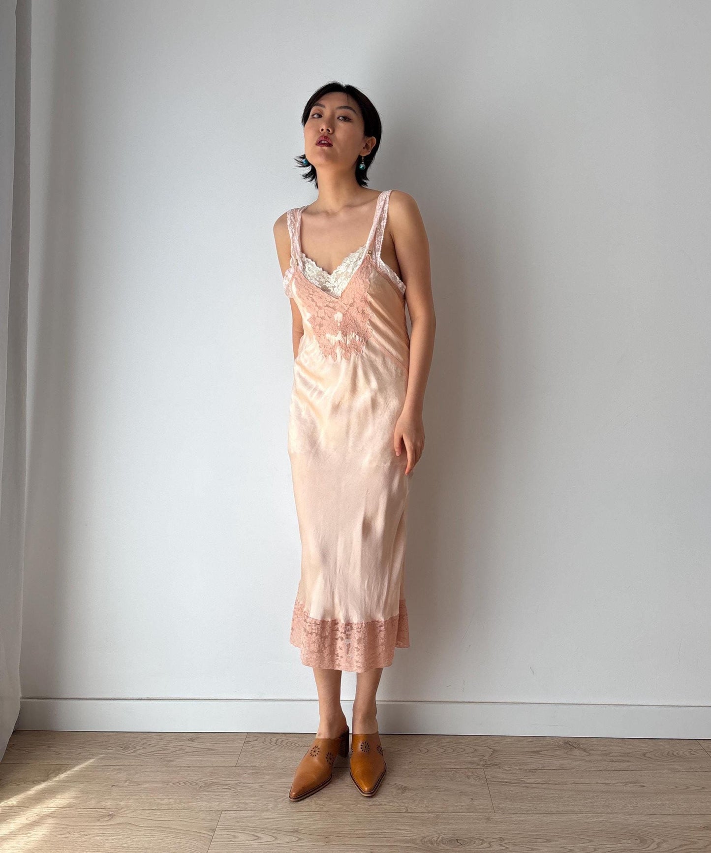 1930s 1940s Antique Pink Lace Liquid Silk Slip Romantic dress, Vintage lace mini dress