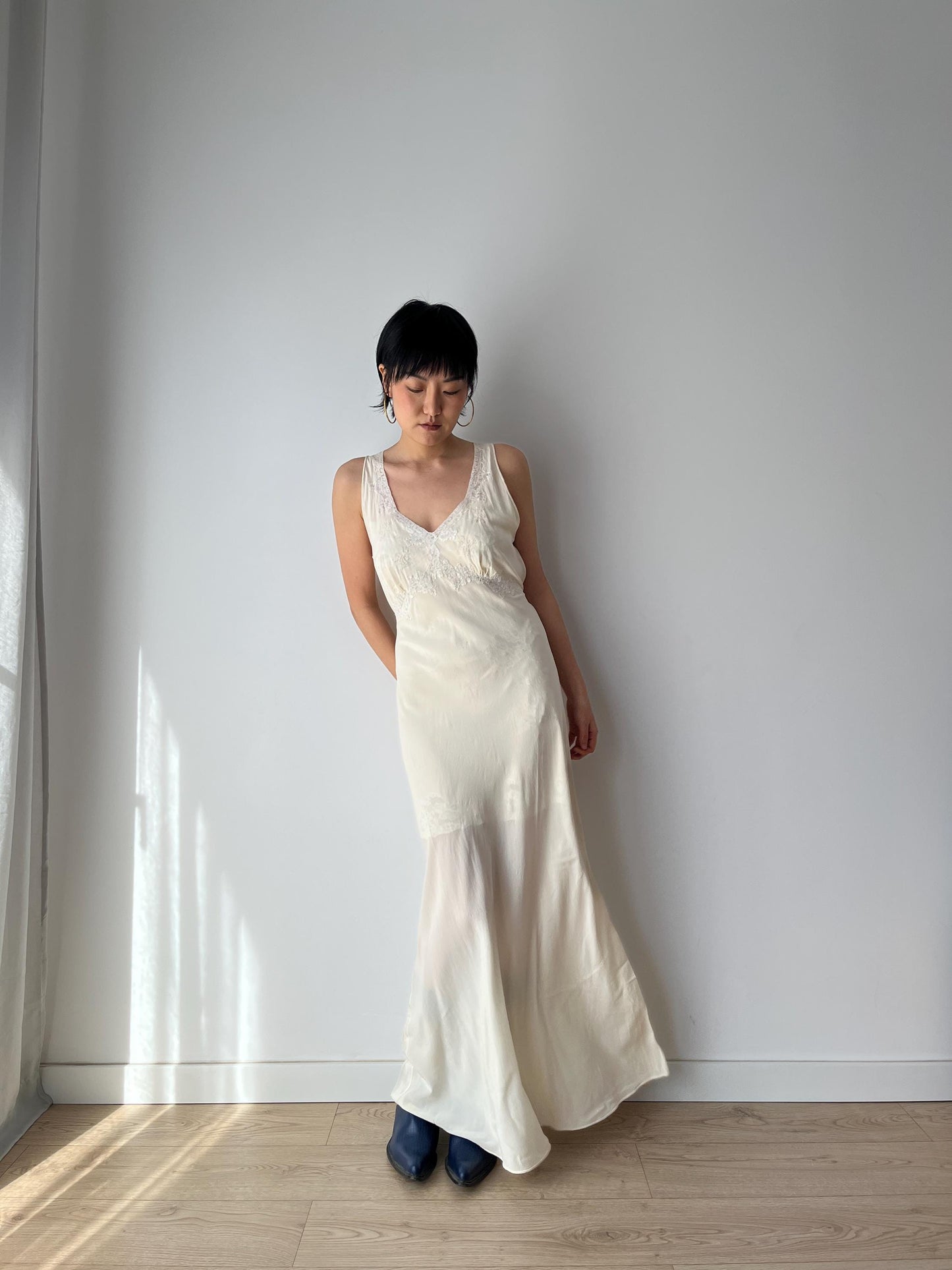 1930s Antique Bridal Lace Bias Cut Negligee Silk Satin Embroidered Nightgown