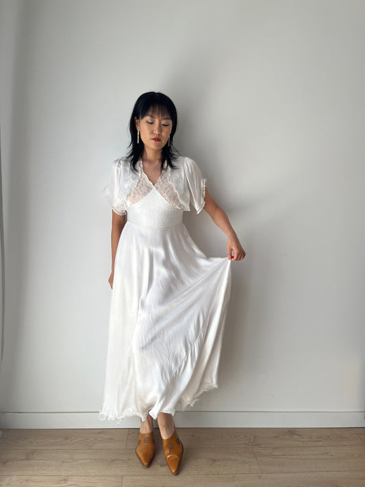 1950s 1940s Antique Bias Cut Pure Silk Hand Embroidered Lace Bridal Dress