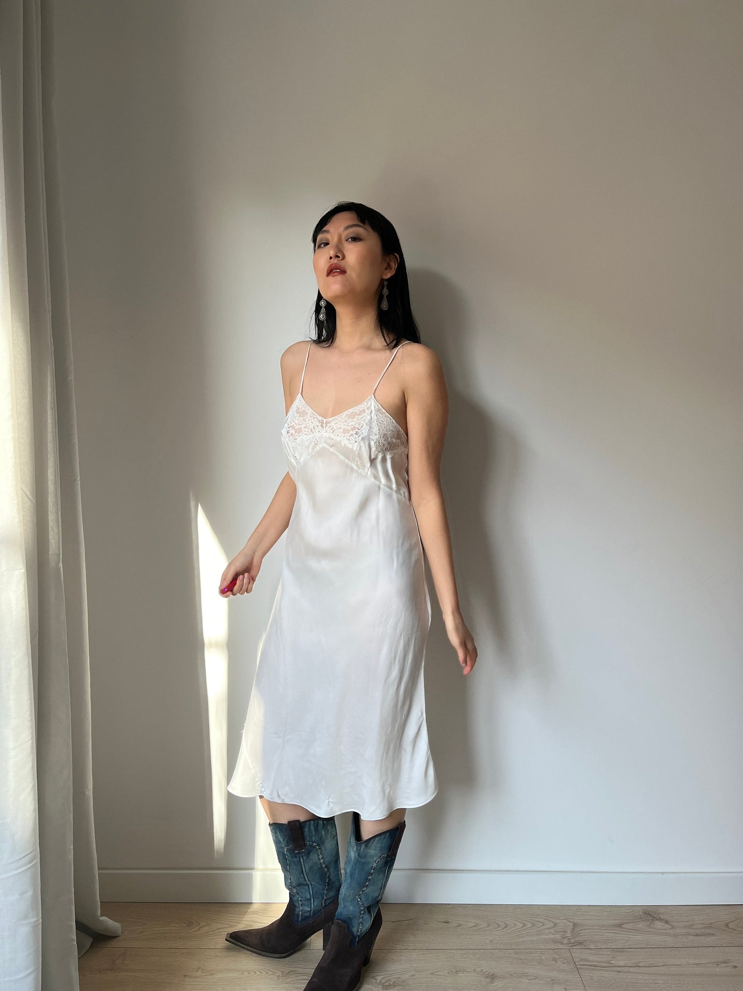 1930s Antique White Lace Liquid Silk Satin Slip dress, Bias cut Vintage lace mini dress