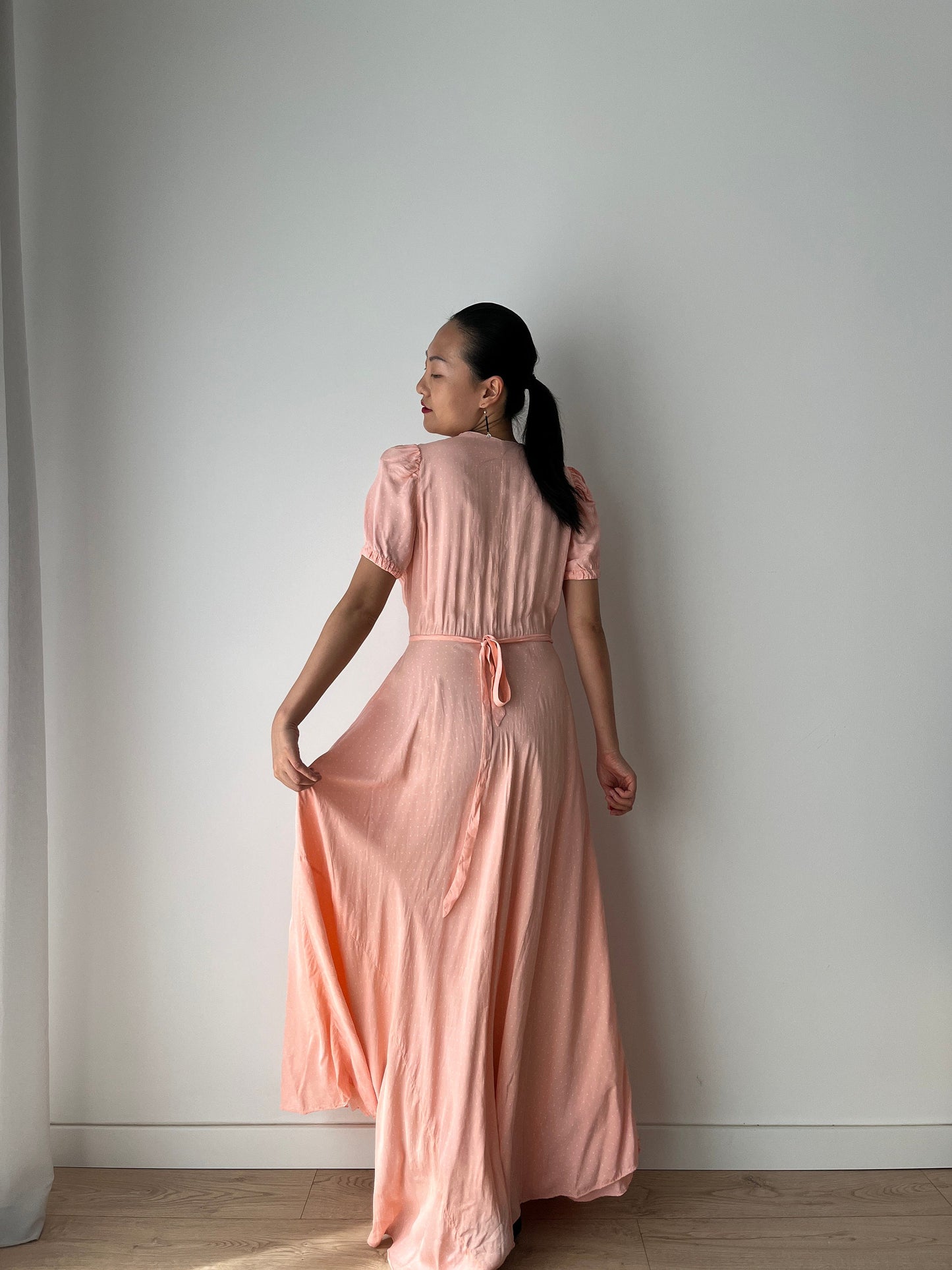 1940s Antique Bias Cut Pastel Pink Rayon Dots Print Bow Dress