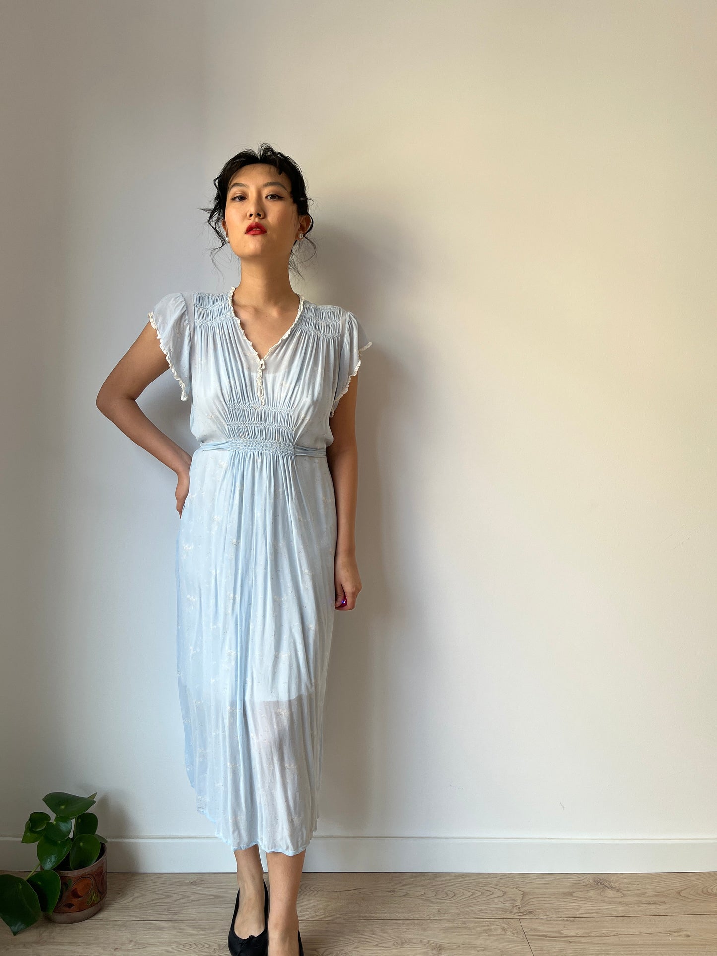 Antique 1930s bias cut liquid pure silk floral nightdress, Embroidered art deco babe blue maxi dress