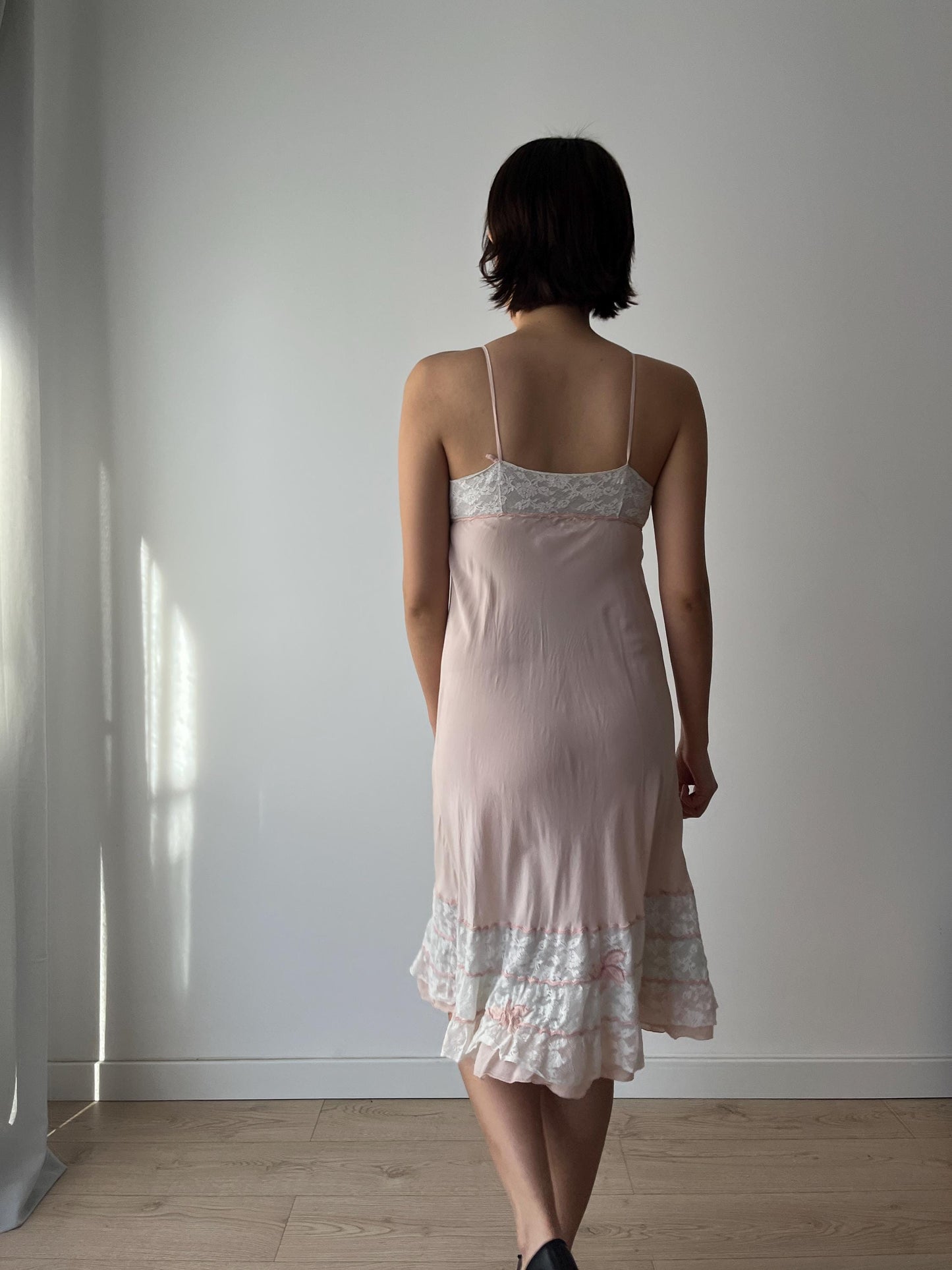 1930s Antique Pastel Pink Lace Liquid Crepe Silk Slip dress, Vintage lace mini dress