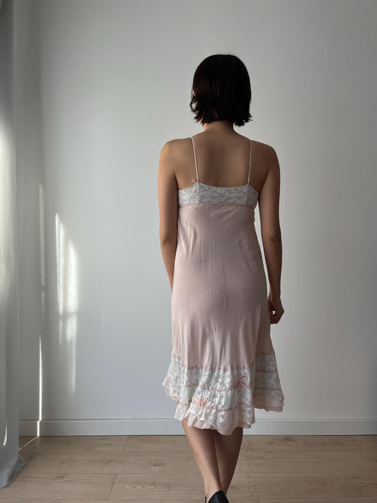 1930s Antique Pastel Pink Lace Liquid Crepe Silk Slip dress, Vintage lace mini dress