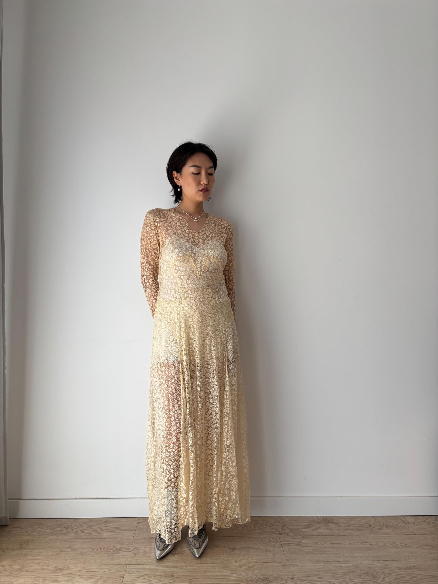 Antique 1910s Edwardian Lace Handmade Wedding Dress Floral Lawn Dress