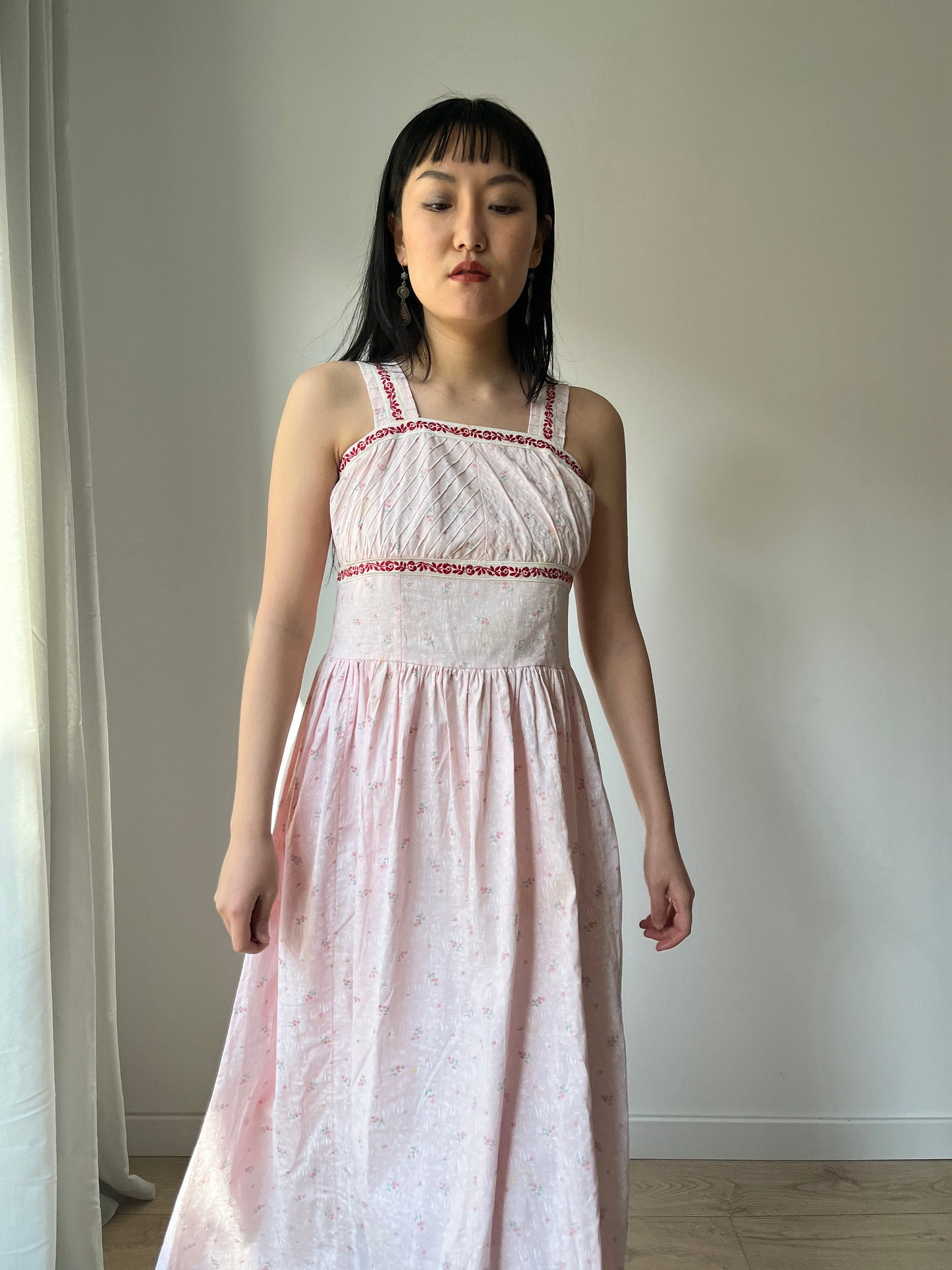 vintage 1940s blue pink floral print cotton lace summer dress, 1950s romantic parisian maxi slip dress