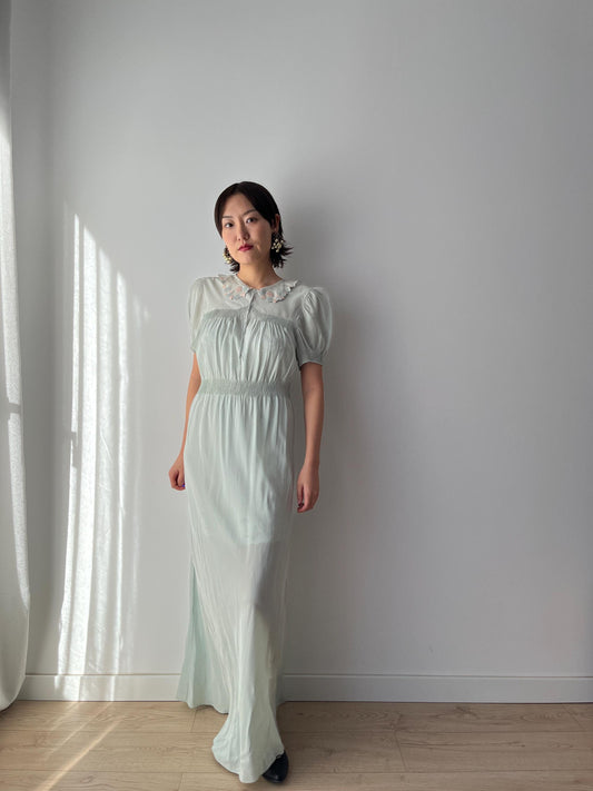 Antique 1930s bias cut liquid blue pure silk chiffon nightdress