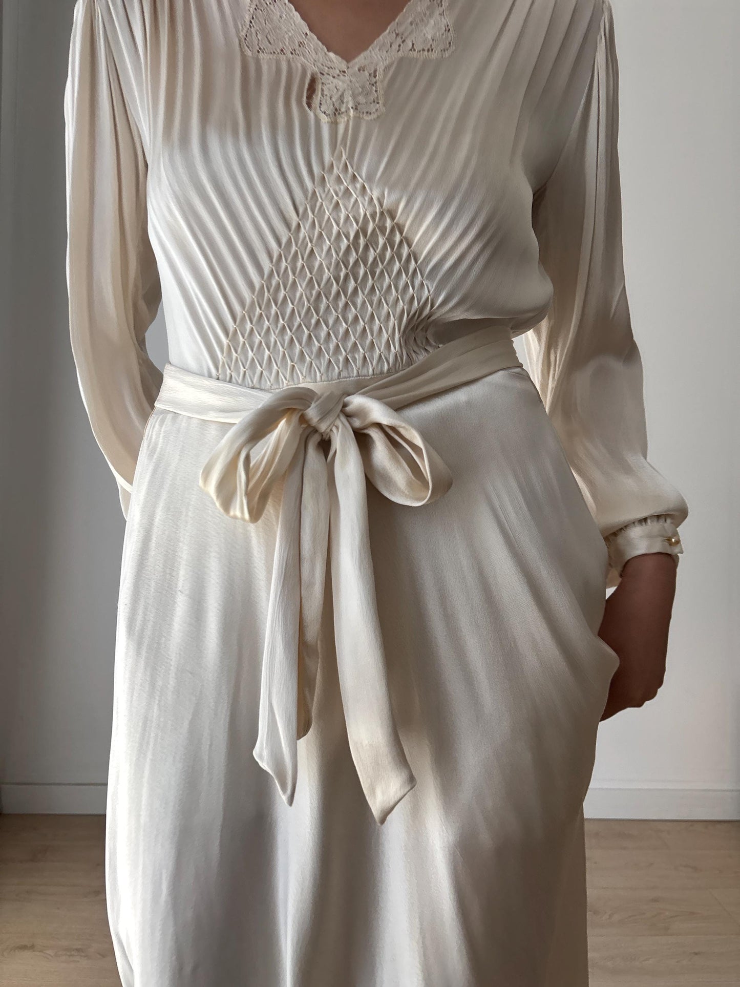 1930s Antique Lace Bridal 100% Silk Liquid Satin Long Maxi dress