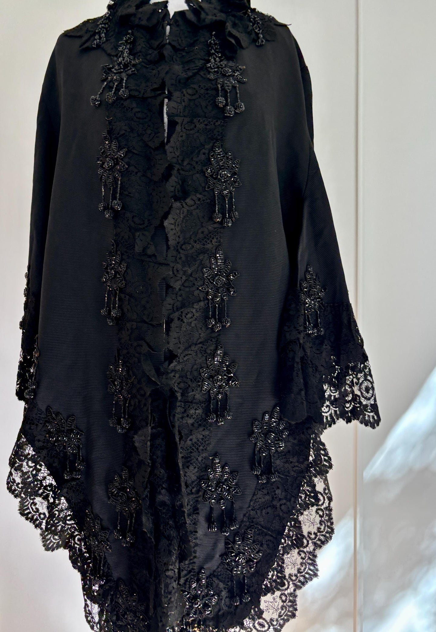 Antique 1900French beaded Silk cape with embroidery, Victorian black cape rich lace