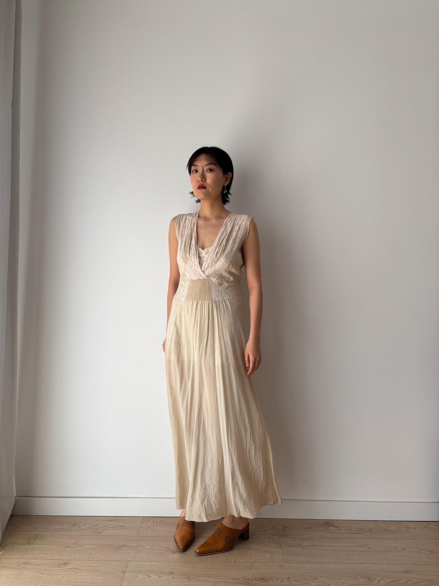 1930s Antique Bridal Lace Bias Cut Negligee Silk Satin Embroidered Nightgown