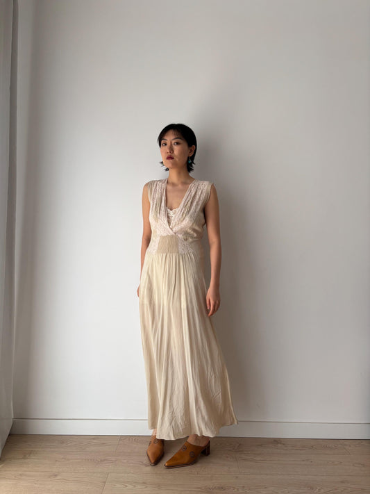 1930s Antique Bridal Lace Bias Cut Negligee Silk Satin Embroidered Nightgown