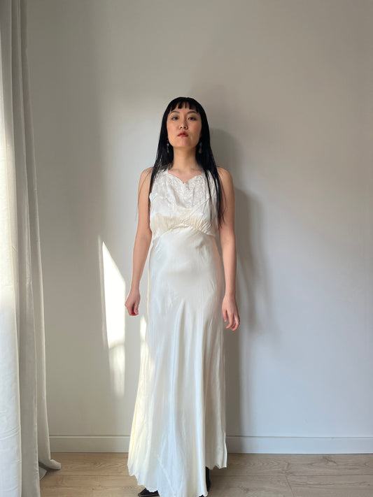 Antique Vintage liquid pure silk satin white embroidered slip long maxi camisole dress
