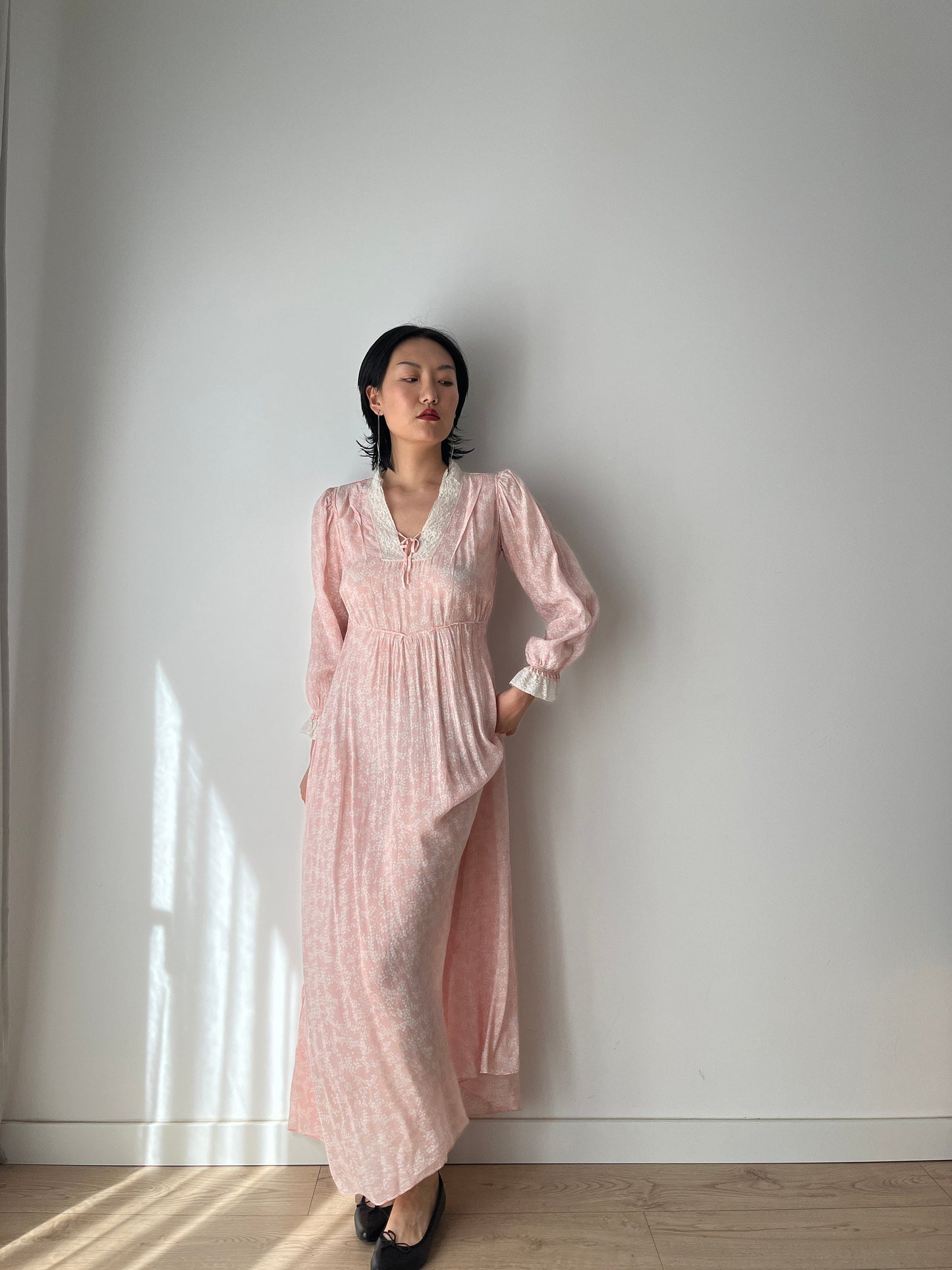 Antique 1940s bias cut liquid pure silk chiffon nightdress, Embroidered art deco pink maxi dress