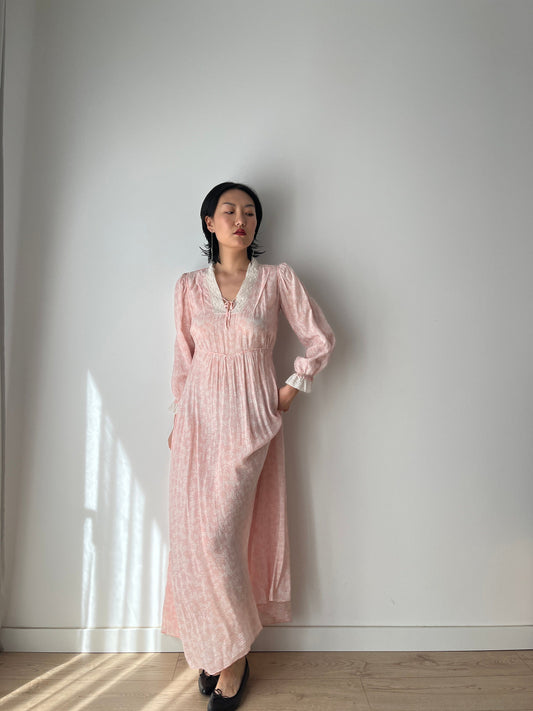 Antique 1940s bias cut liquid pure silk chiffon nightdress, Embroidered art deco pink maxi dress