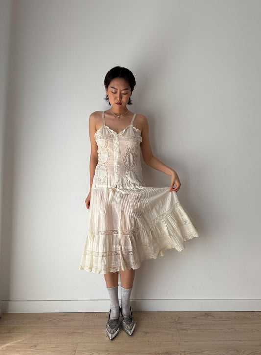 Antique 1910s Edwardian White Cotton Cut Work Eyelet Lace Floral Embroidered Lawn Dress