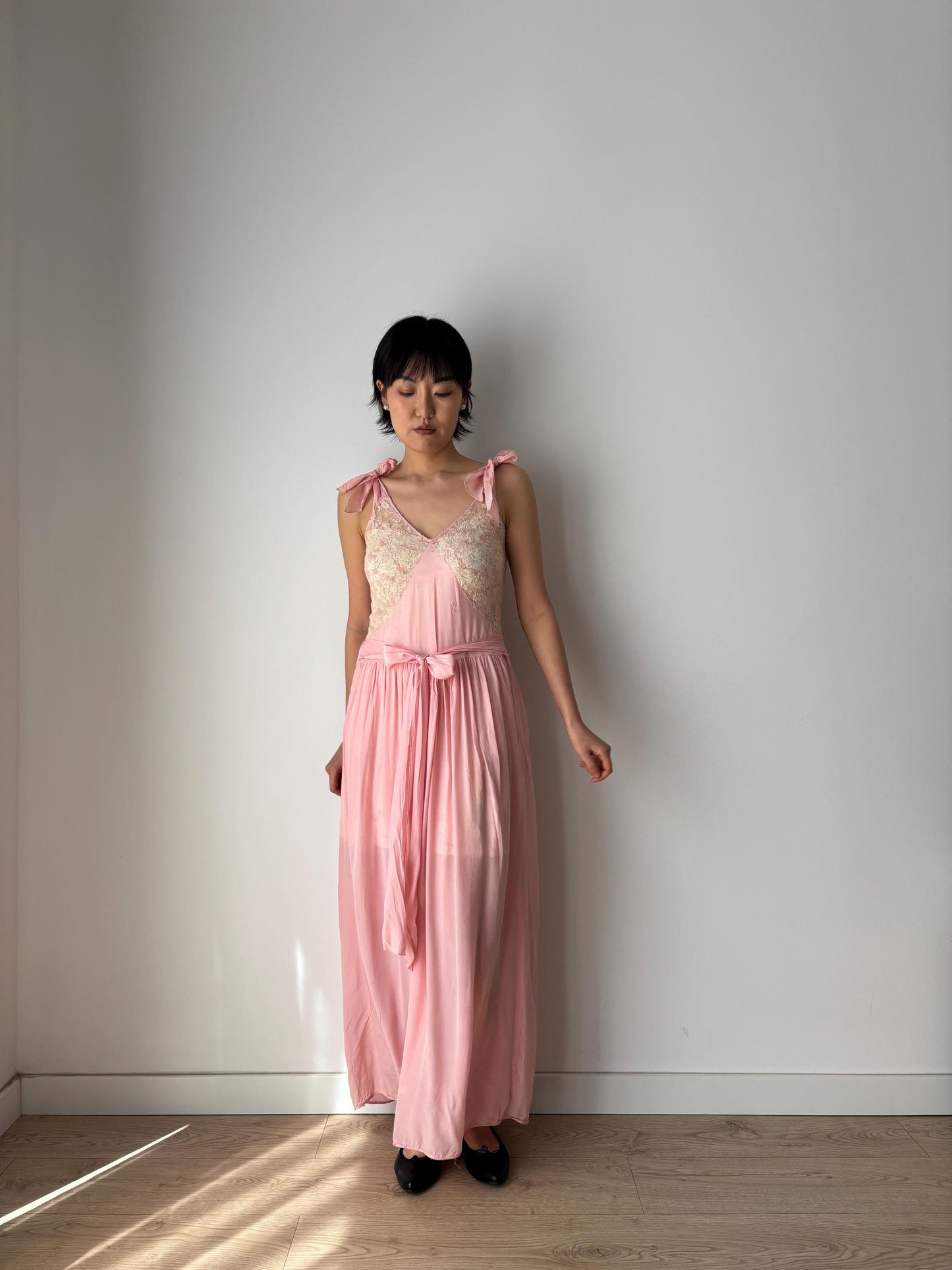 1930s Antique Pink Pure Silk Crepe Lace Nightgown with waist belt