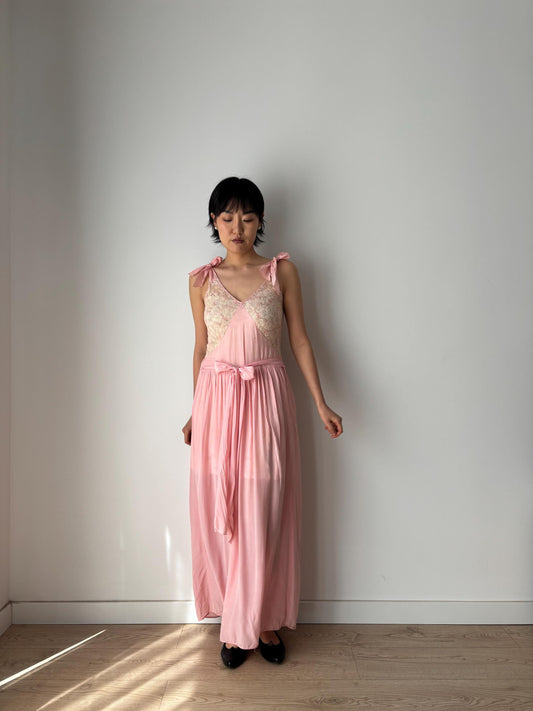1930s Antique Pink Pure Silk Crepe Lace Nightgown with waist belt