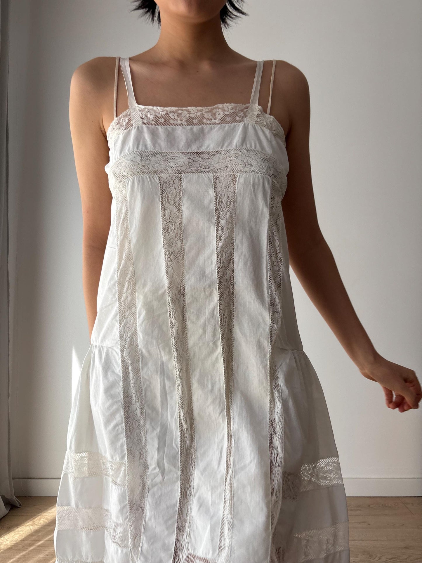 1910s 1900s Antique White Cotton Edwardian Victorian Lace Slip dress, Vintage lace mini dress