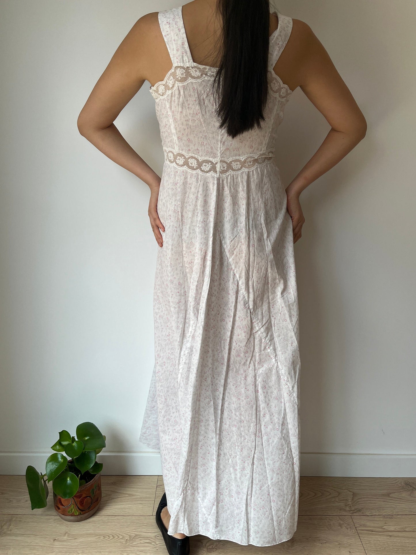 vintage 1950s pink floral print cotton lace ribbon art deco dress, romantic parisian nightgown