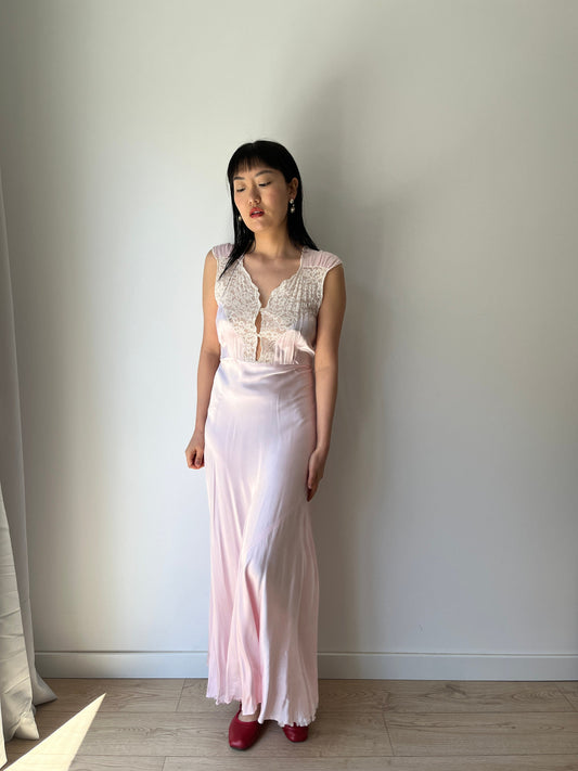 1930s Bias Cut Pastel Pink Silk Satin Embroidered Nightgown Liquid Satin Nightdress