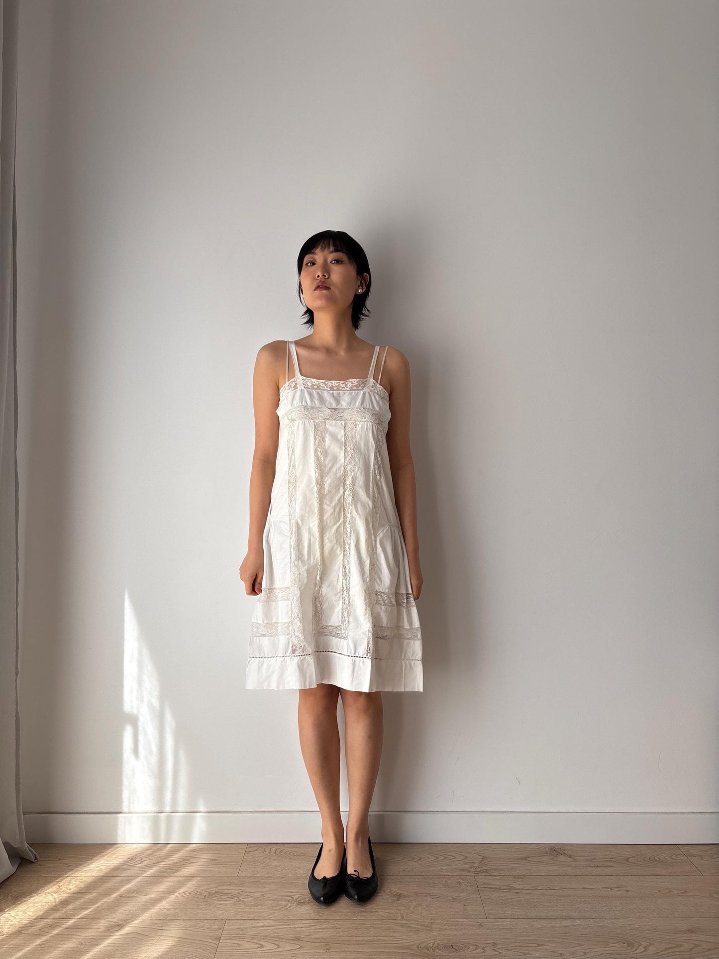 1910s 1900s Antique White Cotton Edwardian Victorian Lace Slip dress, Vintage lace mini dress