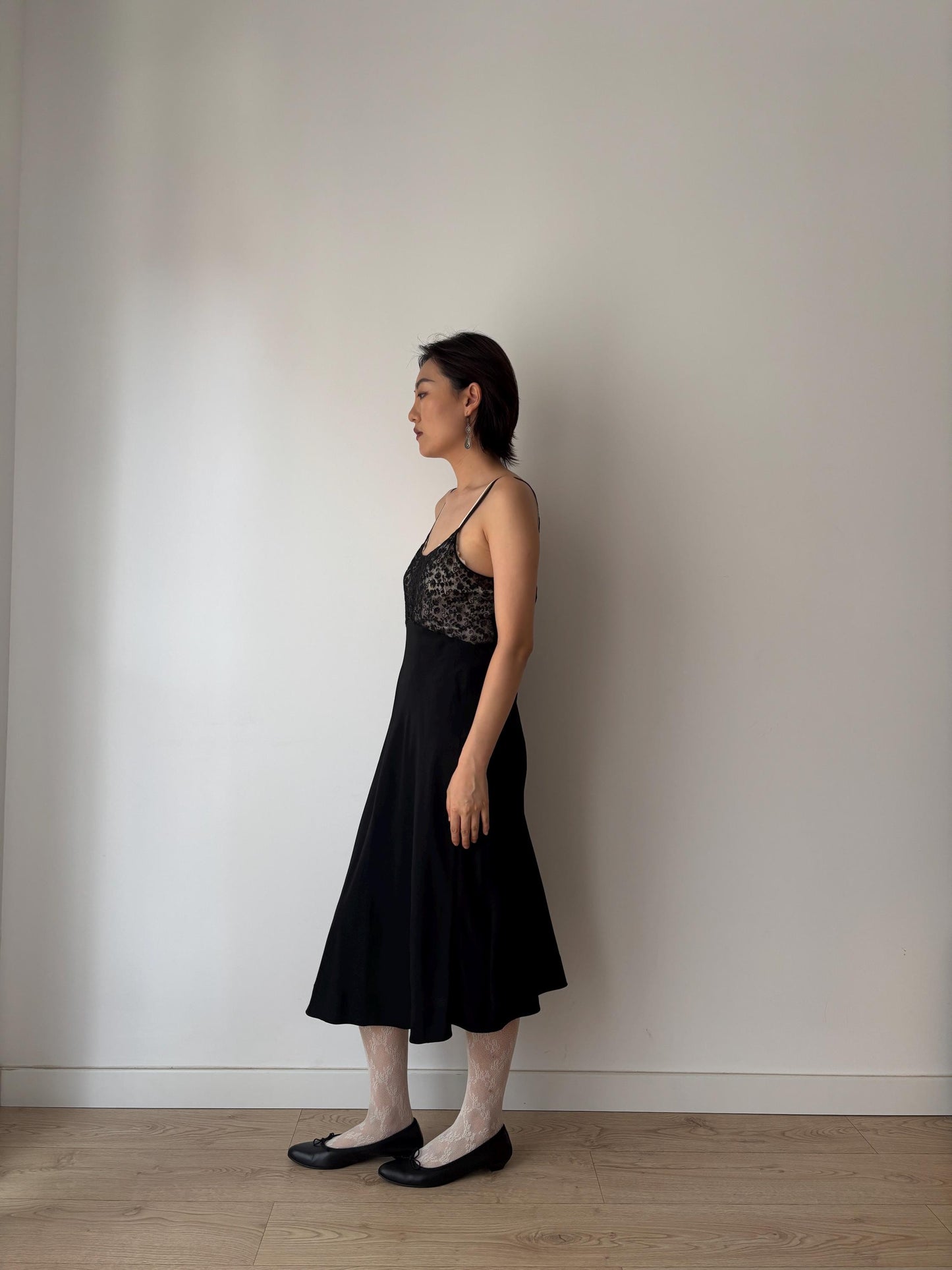 Antique 1930s 1940s black liquid satin pure silk lace art embroidered deco bias cut nightgown maxi slip under dress