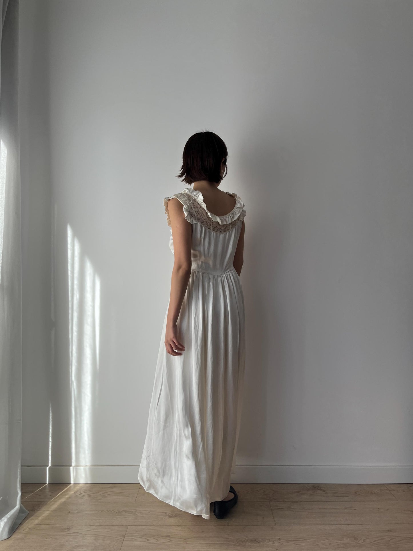 1930s Antique Bridal Lace Bias Cut Negligee Silk Satin Embroidered Nightgown