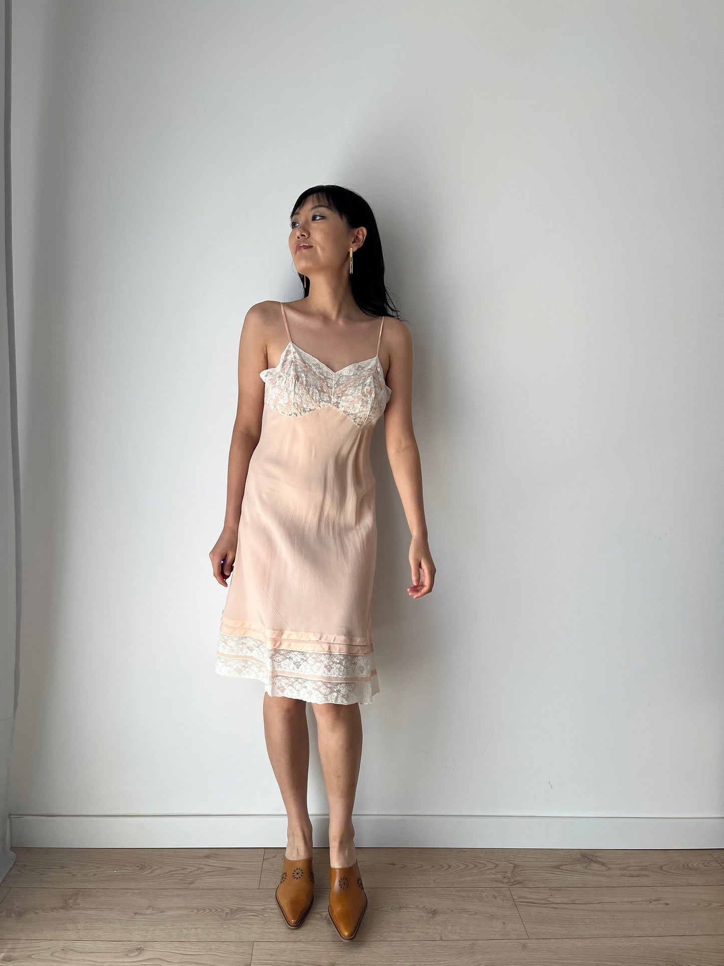 1930s Antique Pastel Pink Lace Liquid Crepe Silk Slip dress, Vintage lace mini dress