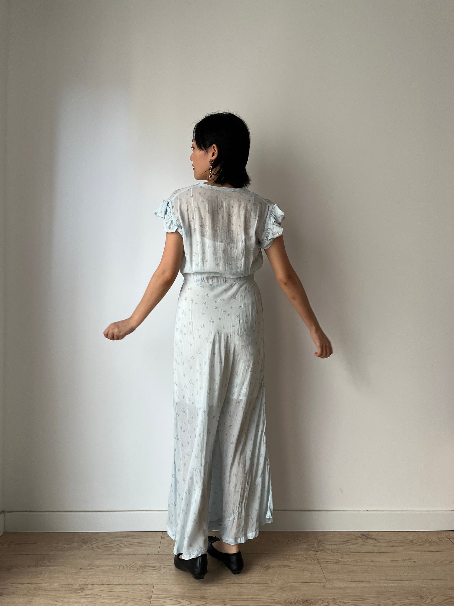 vintage 1940s blue bias cut floral crepe chiffon sheer lace embroidered art deco dress