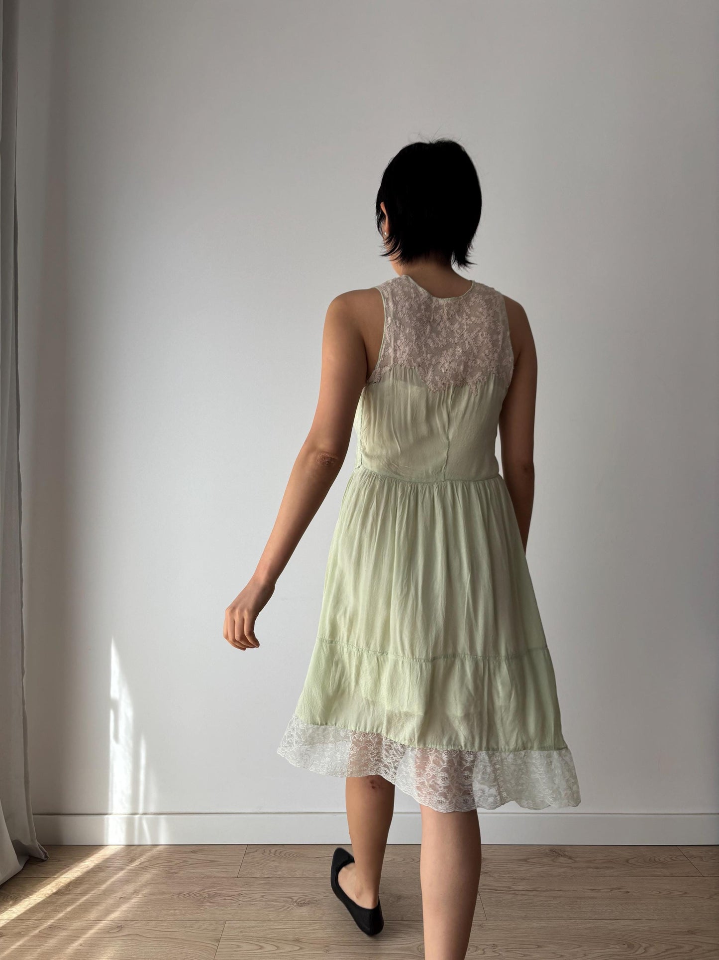 vintage 1940s 1930s mint green silk crepe heavy lace embroidered art deco dress, romantic parisian french dress