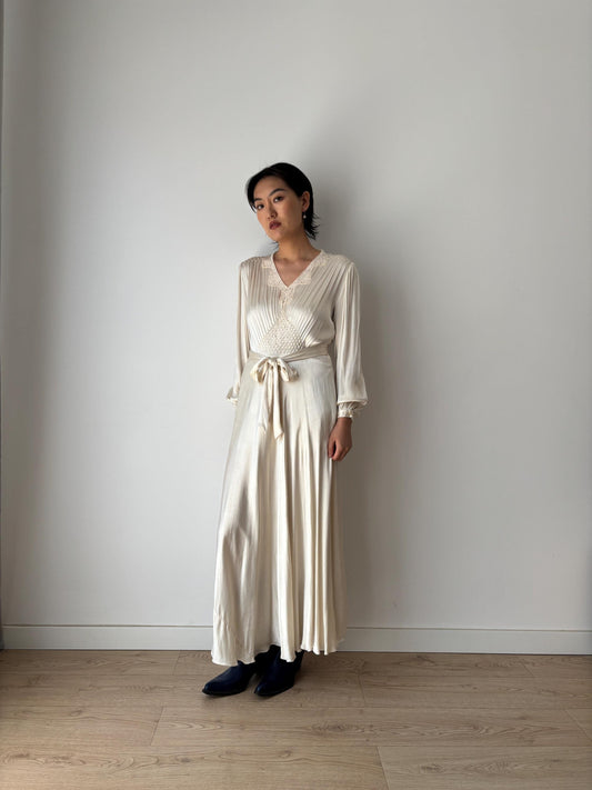 1930s Antique Lace Bridal 100% Silk Liquid Satin Long Maxi dress