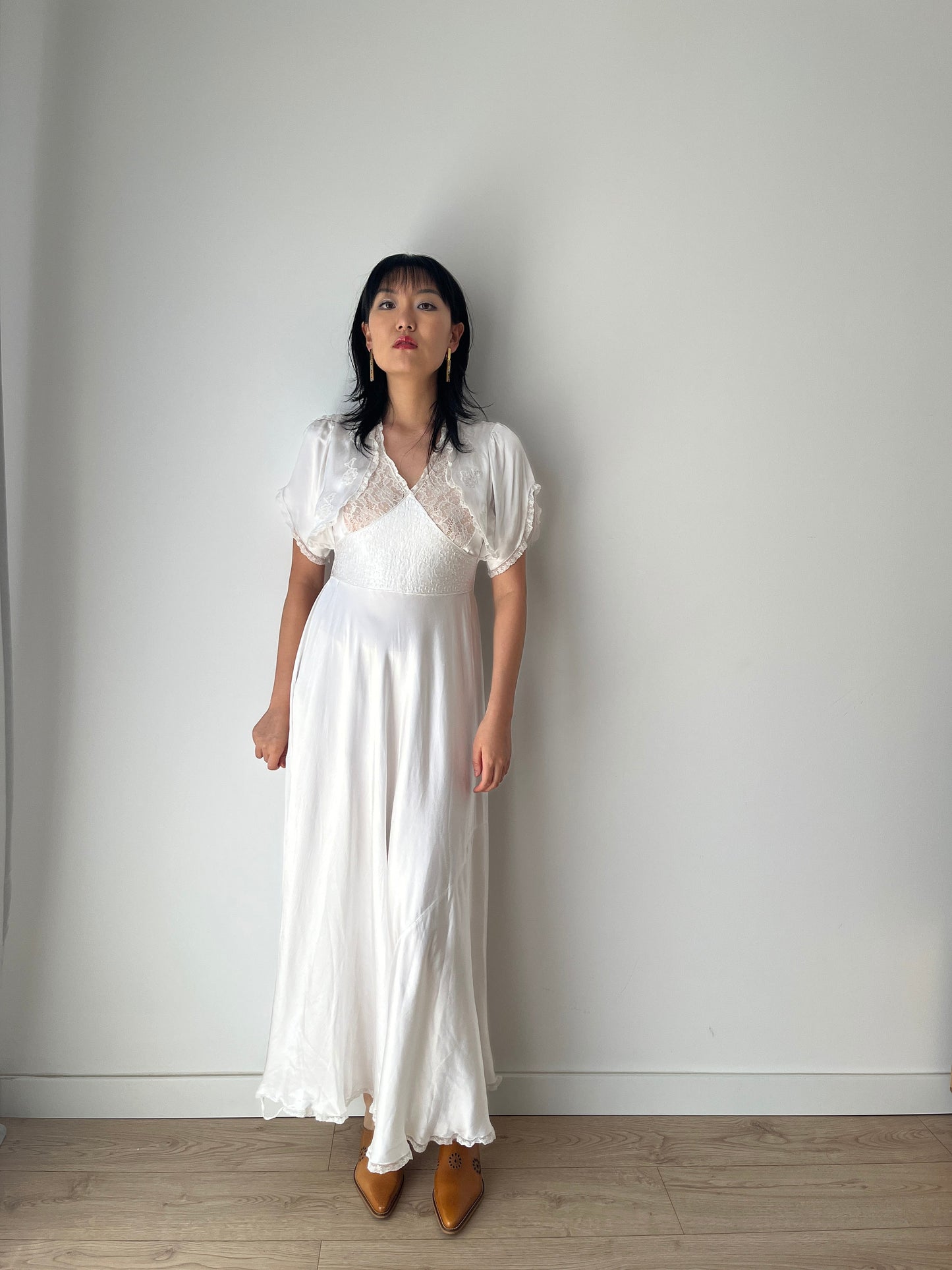 1950s 1940s Antique Bias Cut Pure Silk Hand Embroidered Lace Bridal Dress