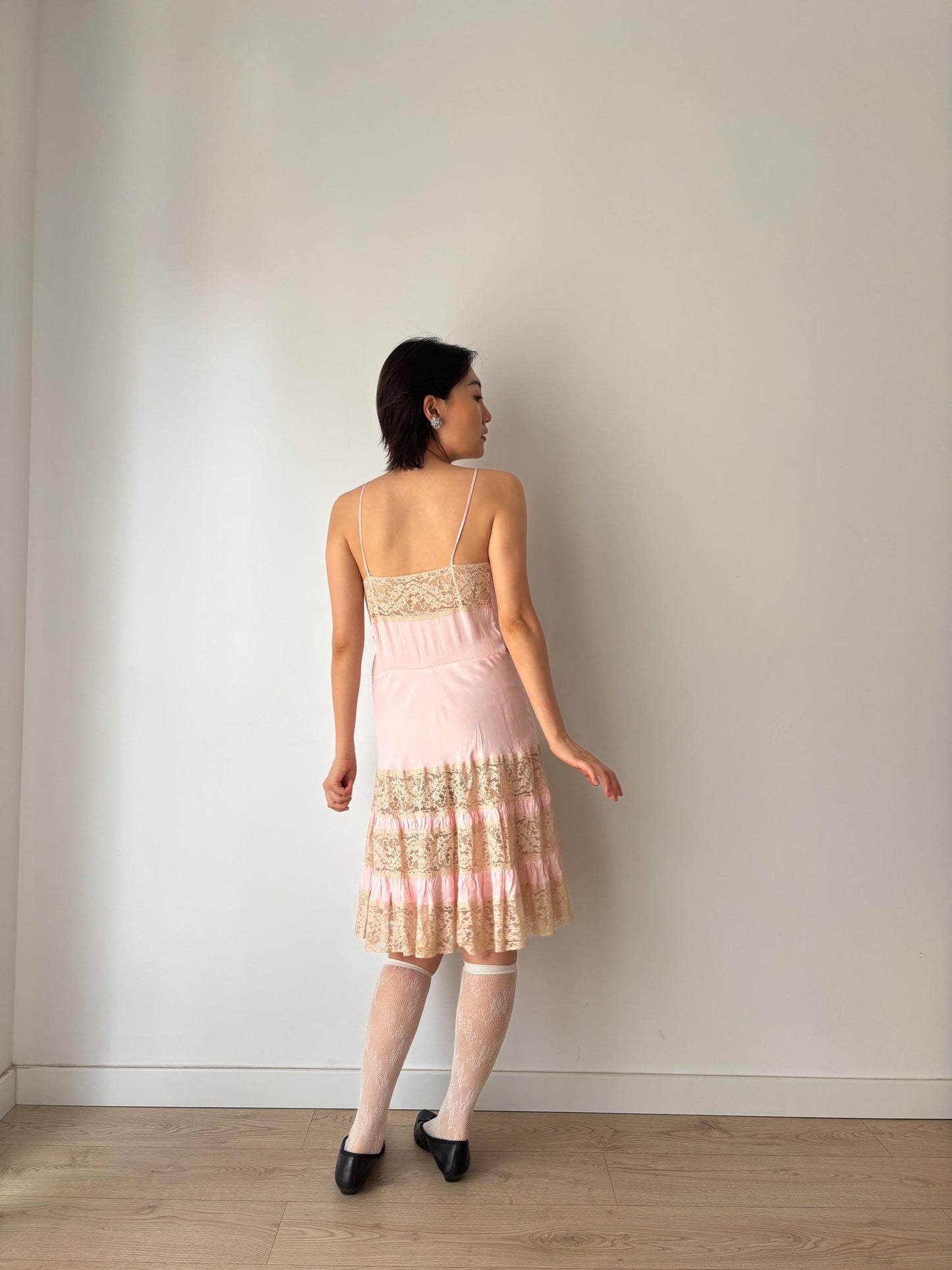 1940s 1950s Antique Pale Pink Lace Liquid Silk Satin Slip dress, Vintage lace mini dress