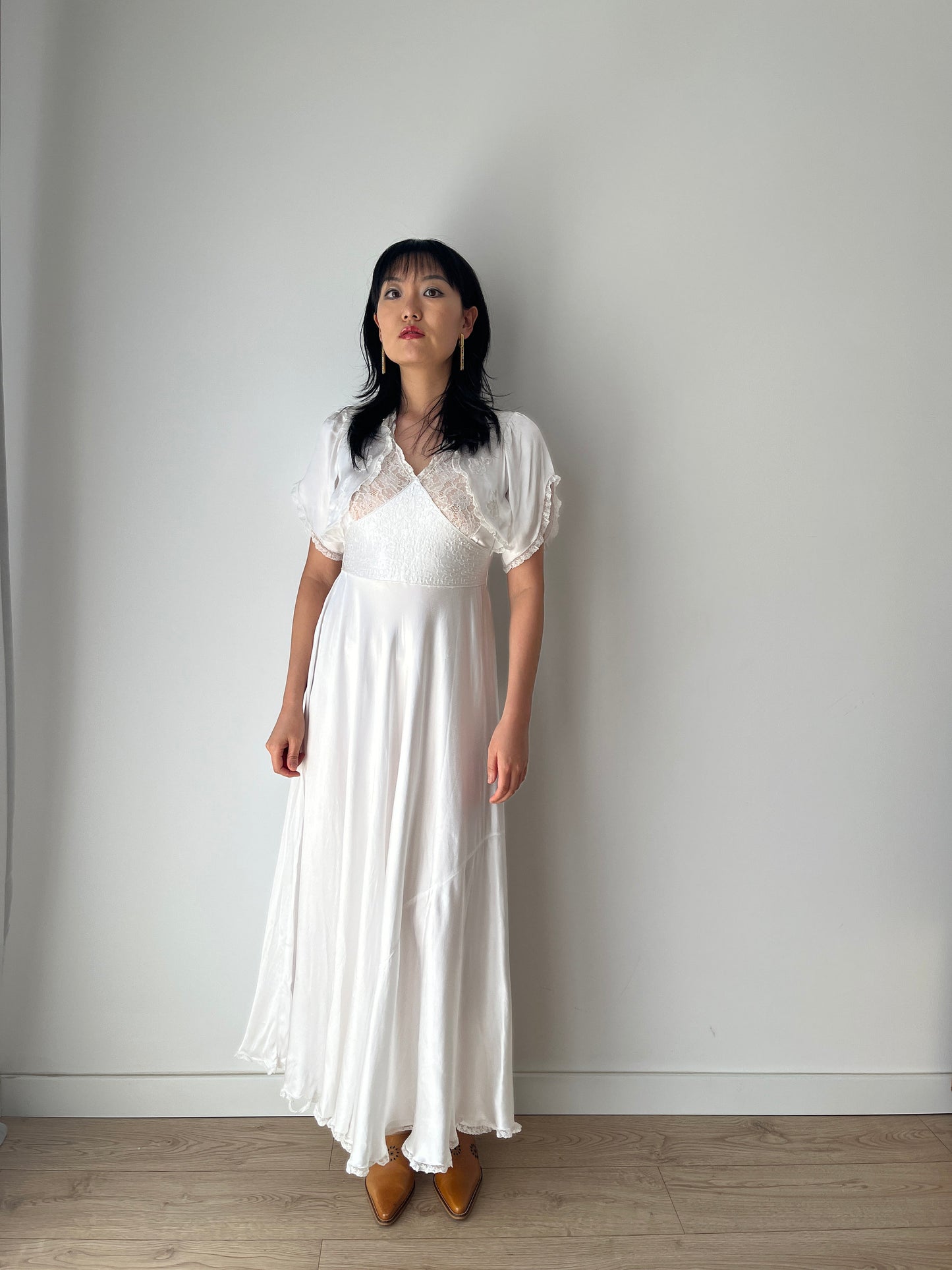 1950s 1940s Antique Bias Cut Pure Silk Hand Embroidered Lace Bridal Dress