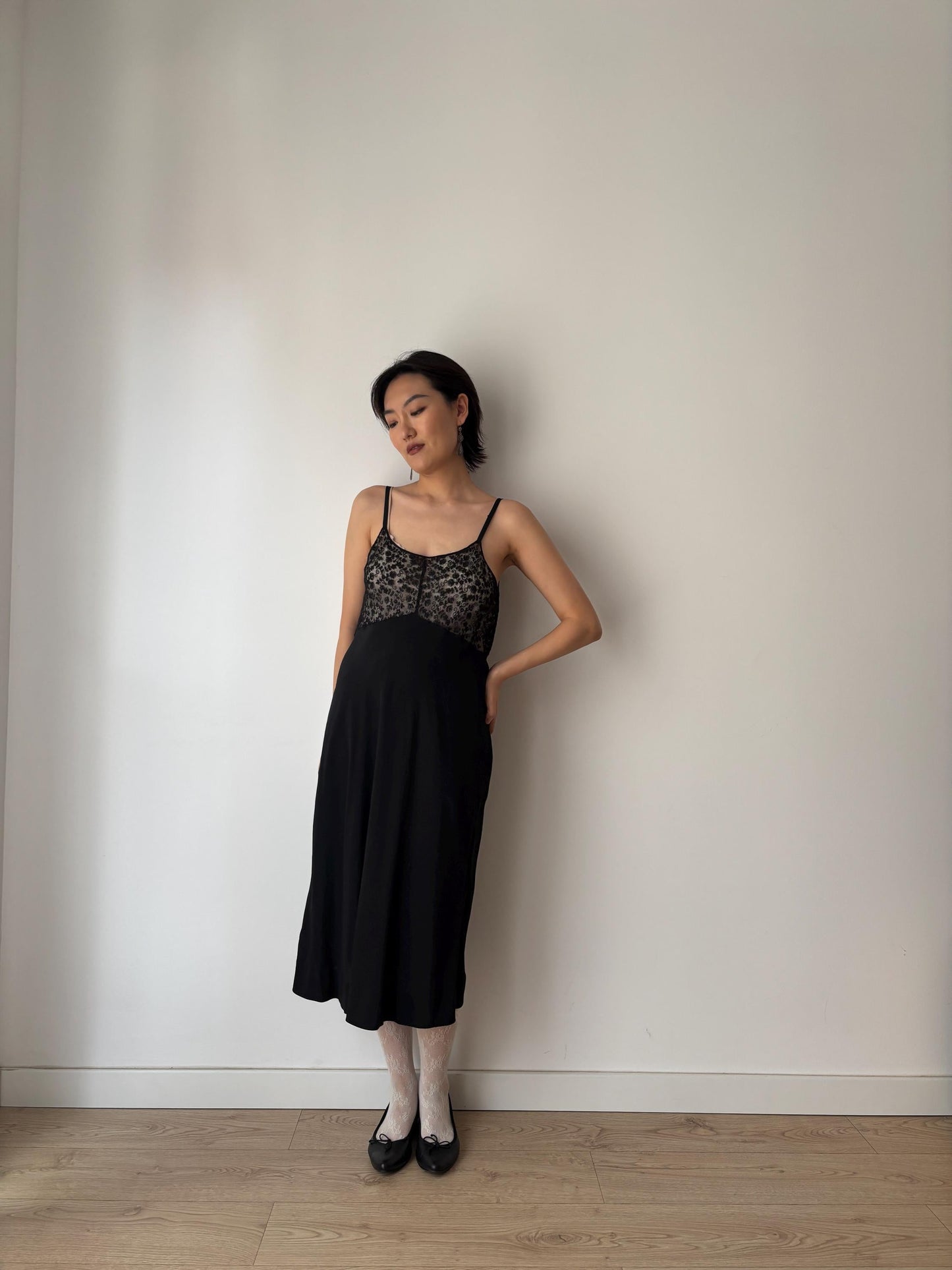 Antique 1930s 1940s black liquid satin pure silk lace art embroidered deco bias cut nightgown maxi slip under dress