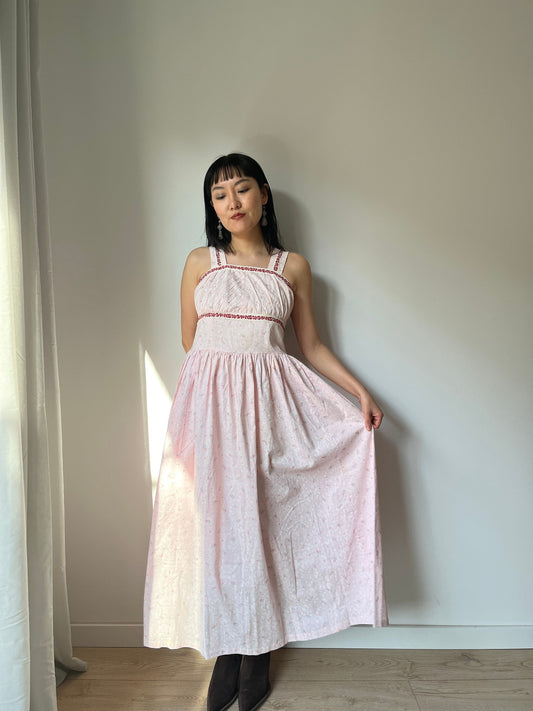 vintage 1940s blue pink floral print cotton lace summer dress, 1950s romantic parisian maxi slip dress