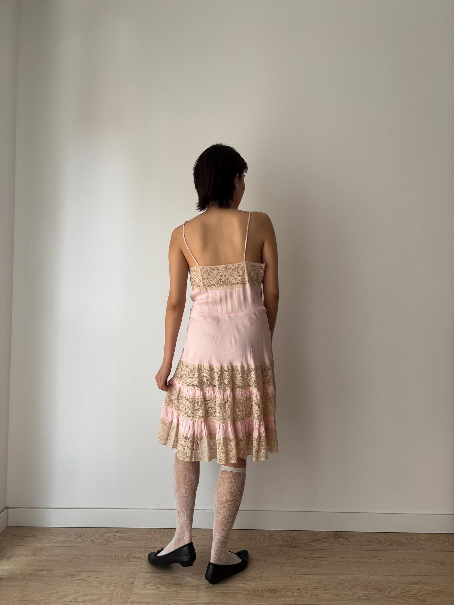 1940s 1950s Antique Pale Pink Lace Liquid Silk Satin Slip dress, Vintage lace mini dress