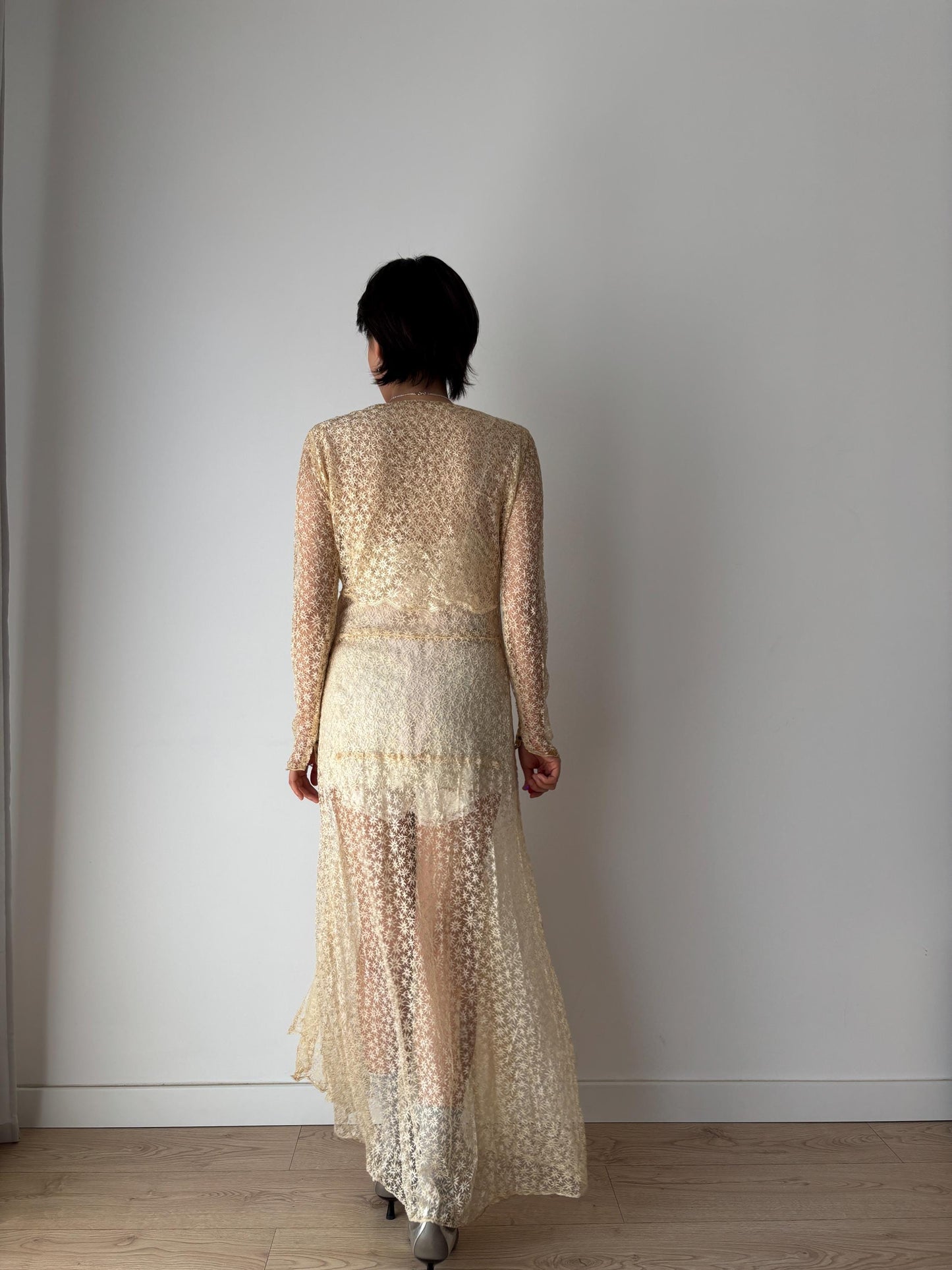 Antique 1910s Edwardian Lace Handmade Wedding Dress Floral Lawn Dress