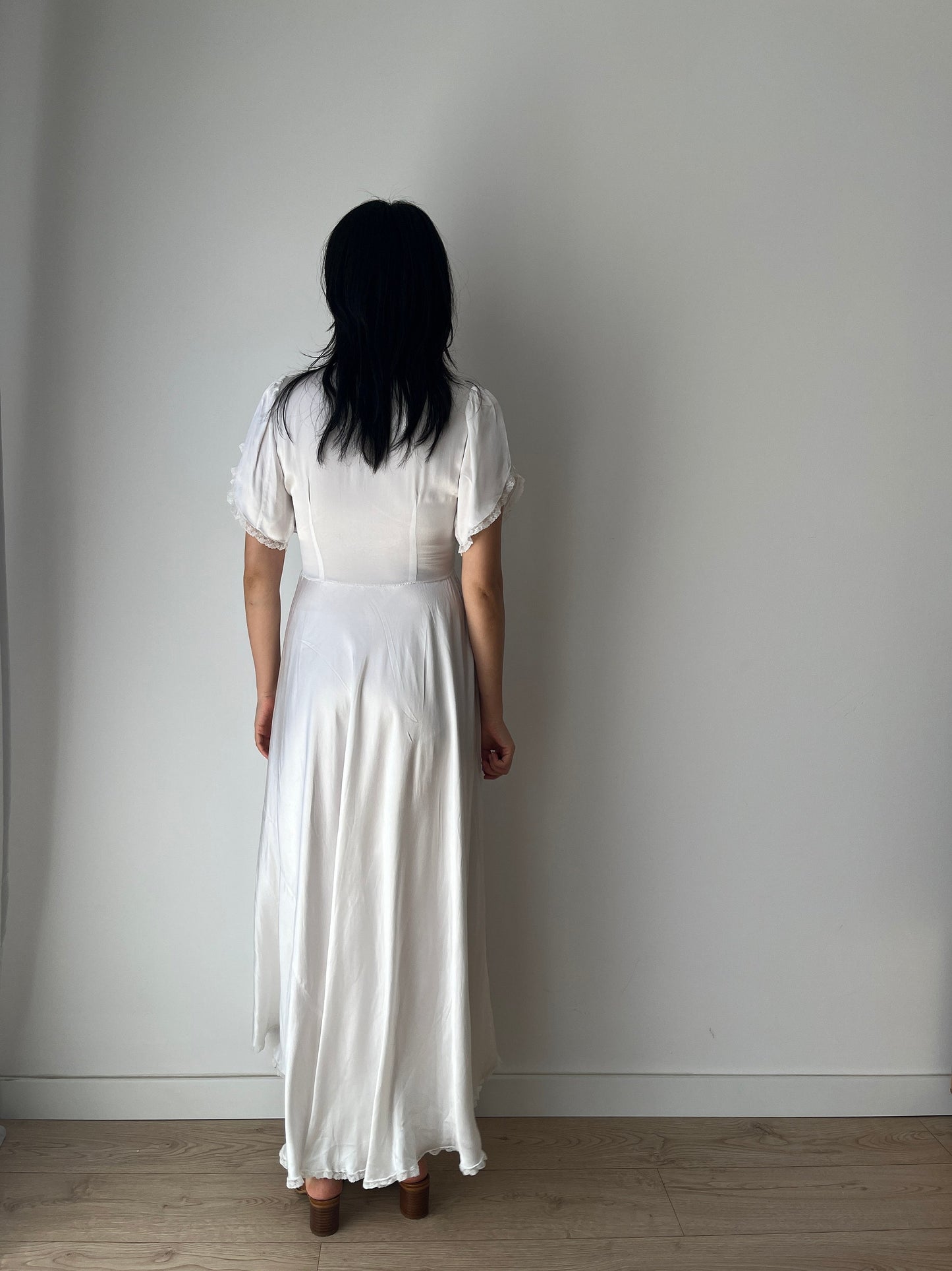 1950s 1940s Antique Bias Cut Pure Silk Hand Embroidered Lace Bridal Dress