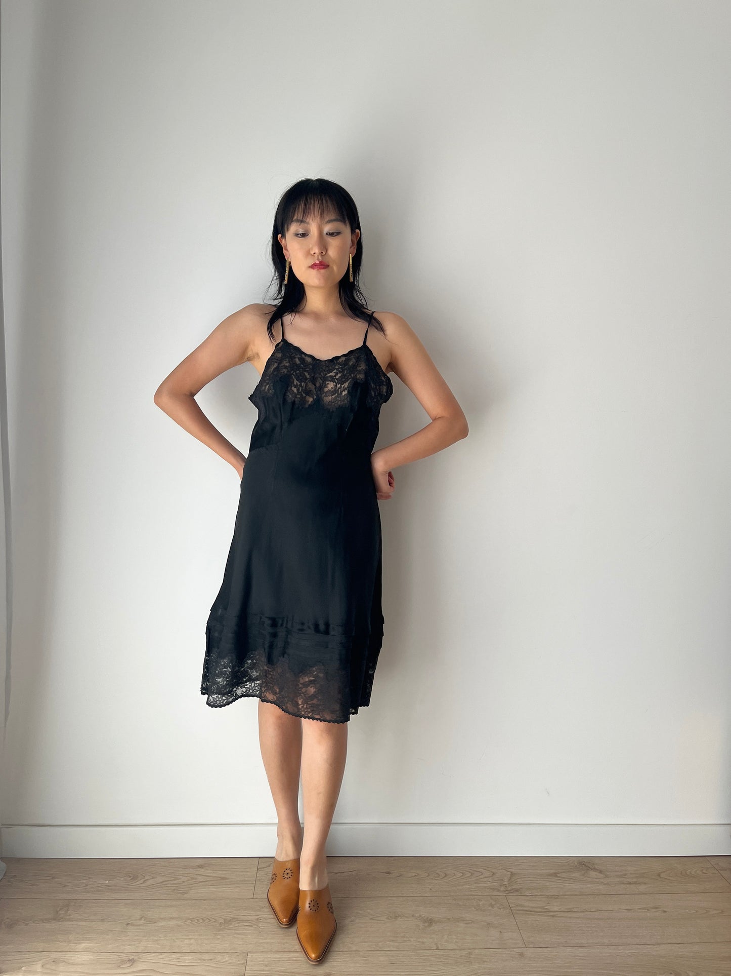 Antique vintage 1930s black liquid satin pure silk lace embroidered art deco bias cut slip