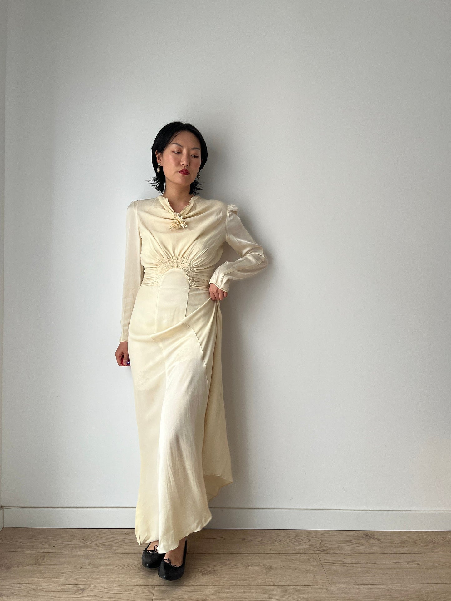 1930s Antique Bridal Lace Bias Cut Negligee Silk Satin Embroidered Wedding Dress