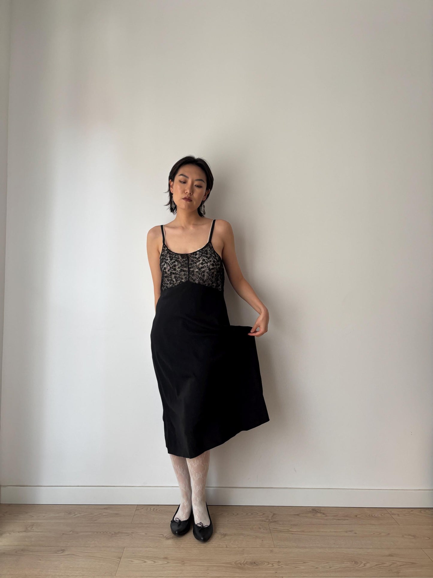 Antique 1930s 1940s black liquid satin pure silk lace art embroidered deco bias cut nightgown maxi slip under dress