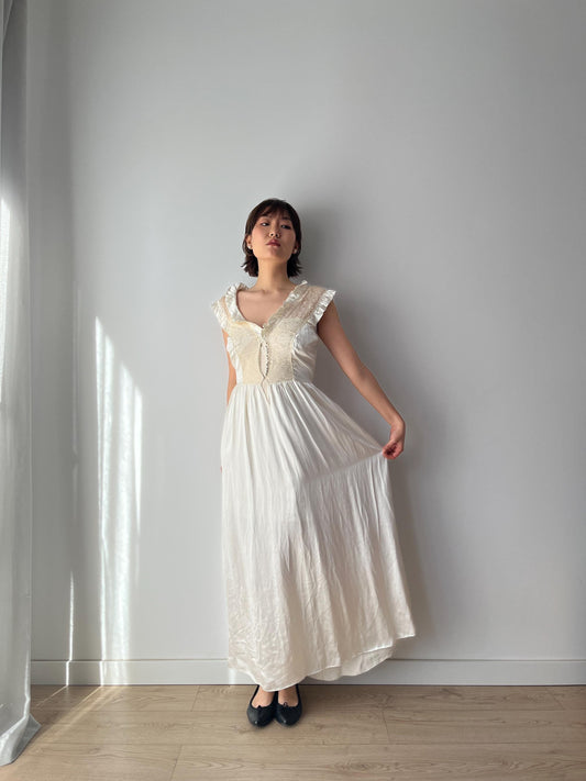 1930s Antique Bridal Lace Bias Cut Negligee Silk Satin Embroidered Nightgown