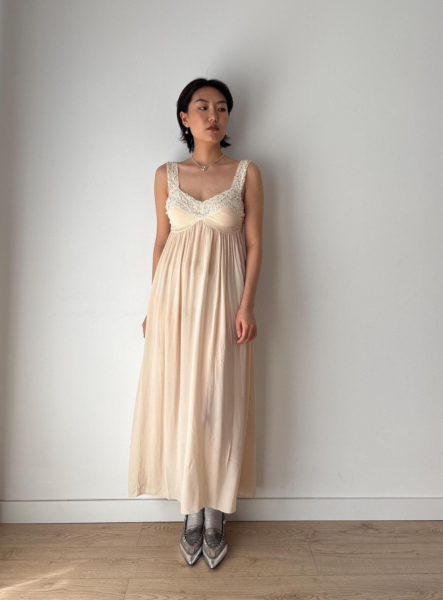 1930s Antique Pure Silk Crepe Embroidered Romantic Lace Bridal Dress