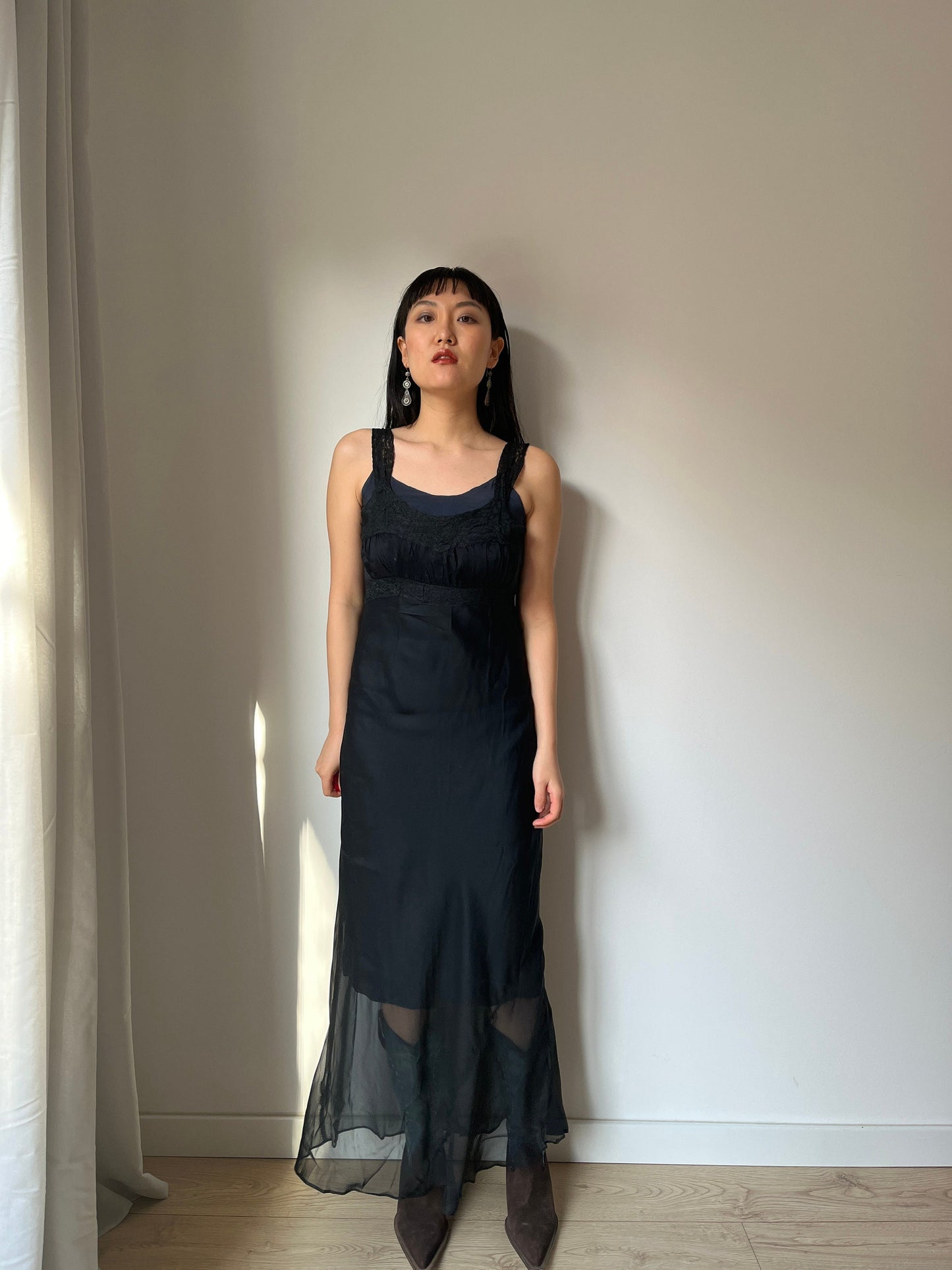 Antique 1950s black sheer crepe bias cut liquid translucent nightdress, lace art deco nightgown