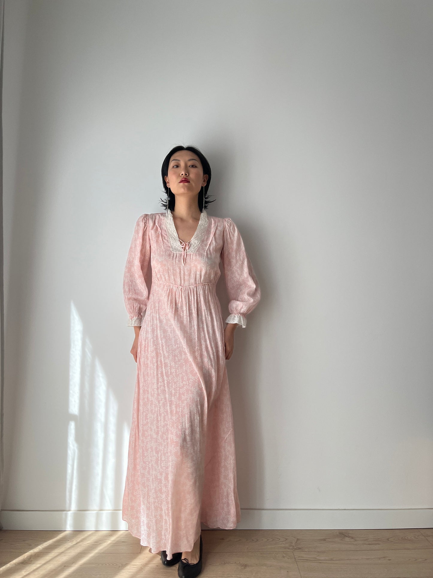 Antique 1940s bias cut liquid pure silk chiffon nightdress, Embroidered art deco pink maxi dress